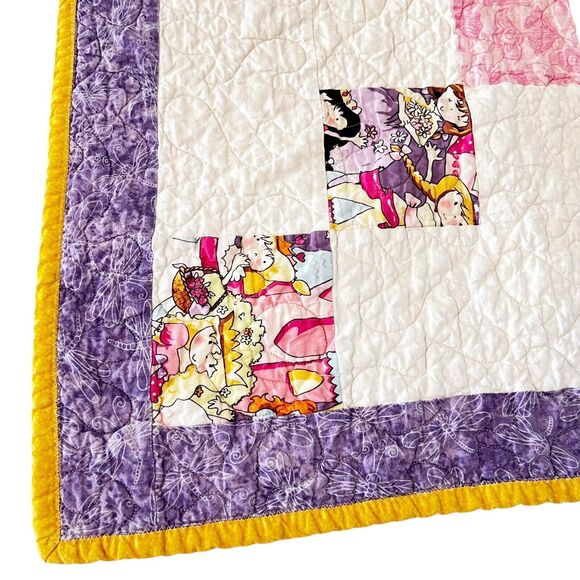 Handmade Girls Baby Kids Quilt Lovey 8 Point Star Yellow Pink Purple 40x41 Clean - Picture 4 of 6